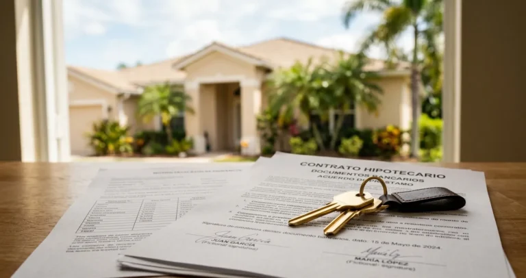 Hipotecas en Orlando Florida - Llaves de casa sobre documentos de préstamo hipotecario con vivienda suburbana al fondo
