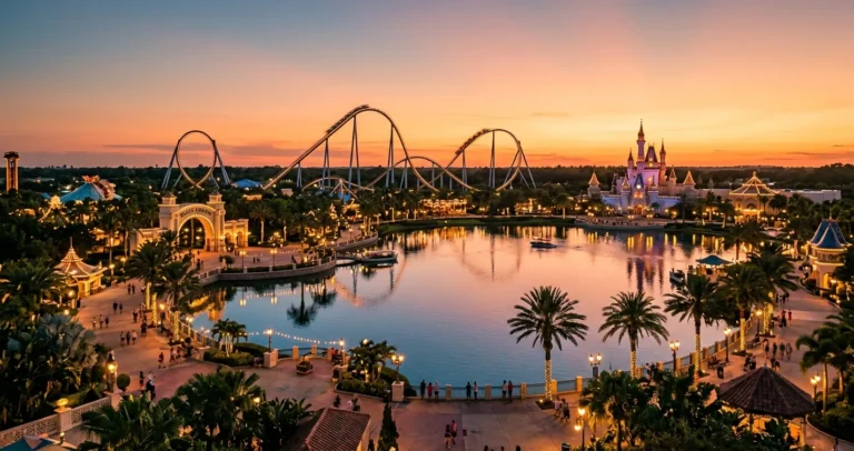 Mejor época para visitar Orlando Florida - Vista panorámica de parque temático al atardecer con palmeras y cielo despejado