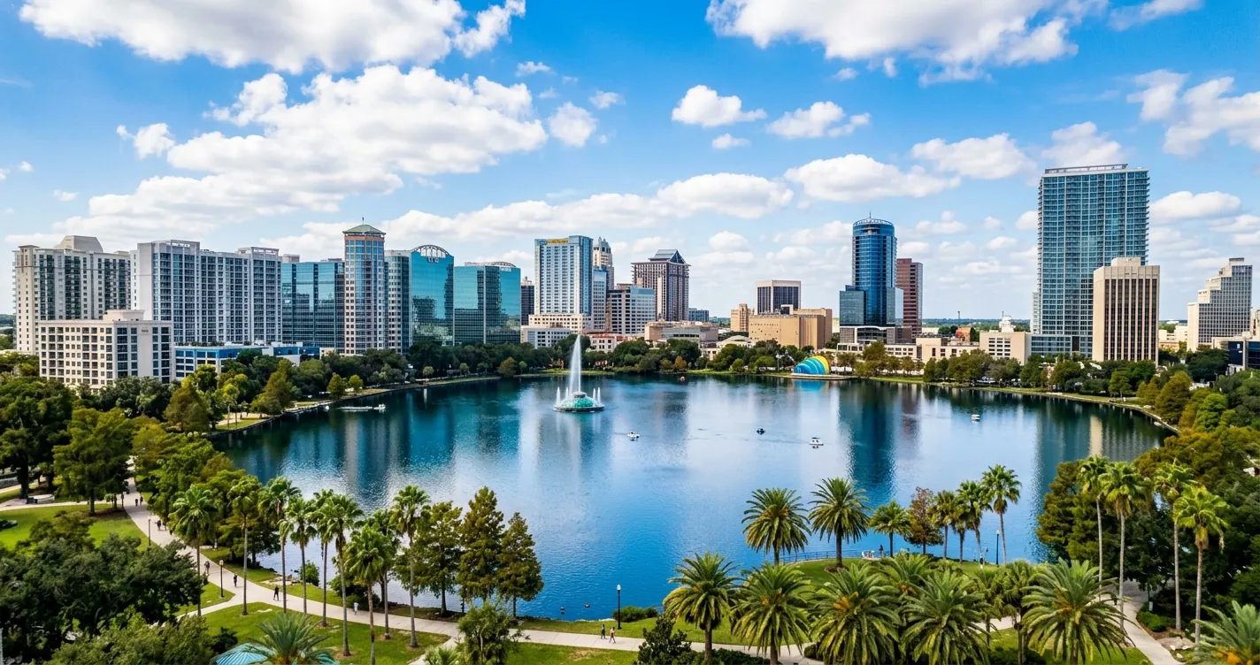 Costo de vida en Orlando Florida - Vista panorámica de la ciudad con palmeras y edificios modernos