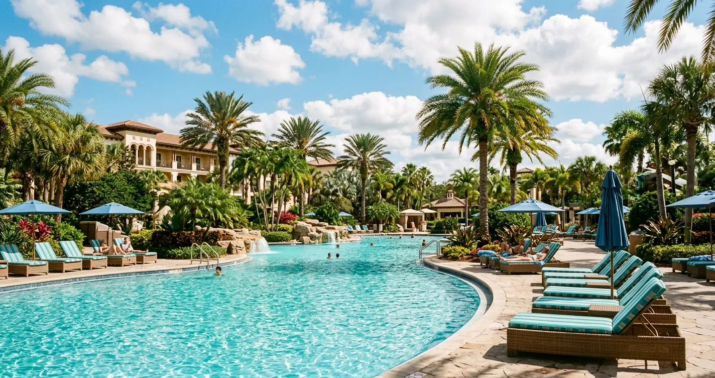 Resort todo incluido en Orlando Florida con piscina y palmeras tropicales