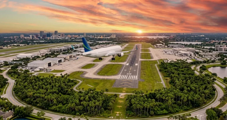 Vuelos baratos a Orlando Florida - Avión comercial sobre el aeropuerto de Orlando al atardecer