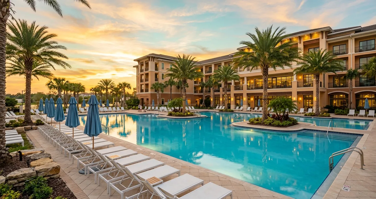 Hoteles en Orlando Florida todo incluido - Piscina de resort con palmeras y tumbonas al atardecer