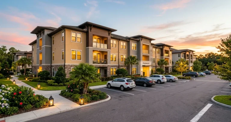 Apartamentos low income en Orlando FL - complejo residencial multifamiliar al atardecer