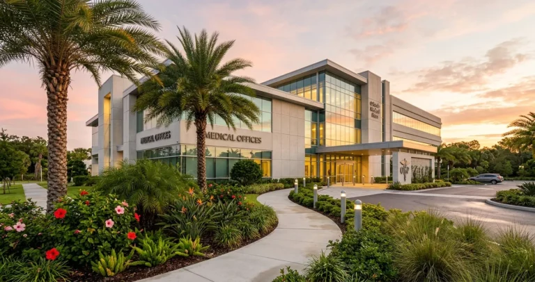 Ginecólogos en Orlando que hablen español - edificio de consultorios médicos con jardines y palmeras al amanecer