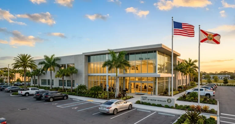 Licencia de conducir en Florida - oficina DMV en Orlando con palmeras y banderas al amanecer