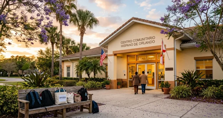 Refugio para inmigrantes en Orlando Florida - centro comunitario hispano con palmeras al atardecer