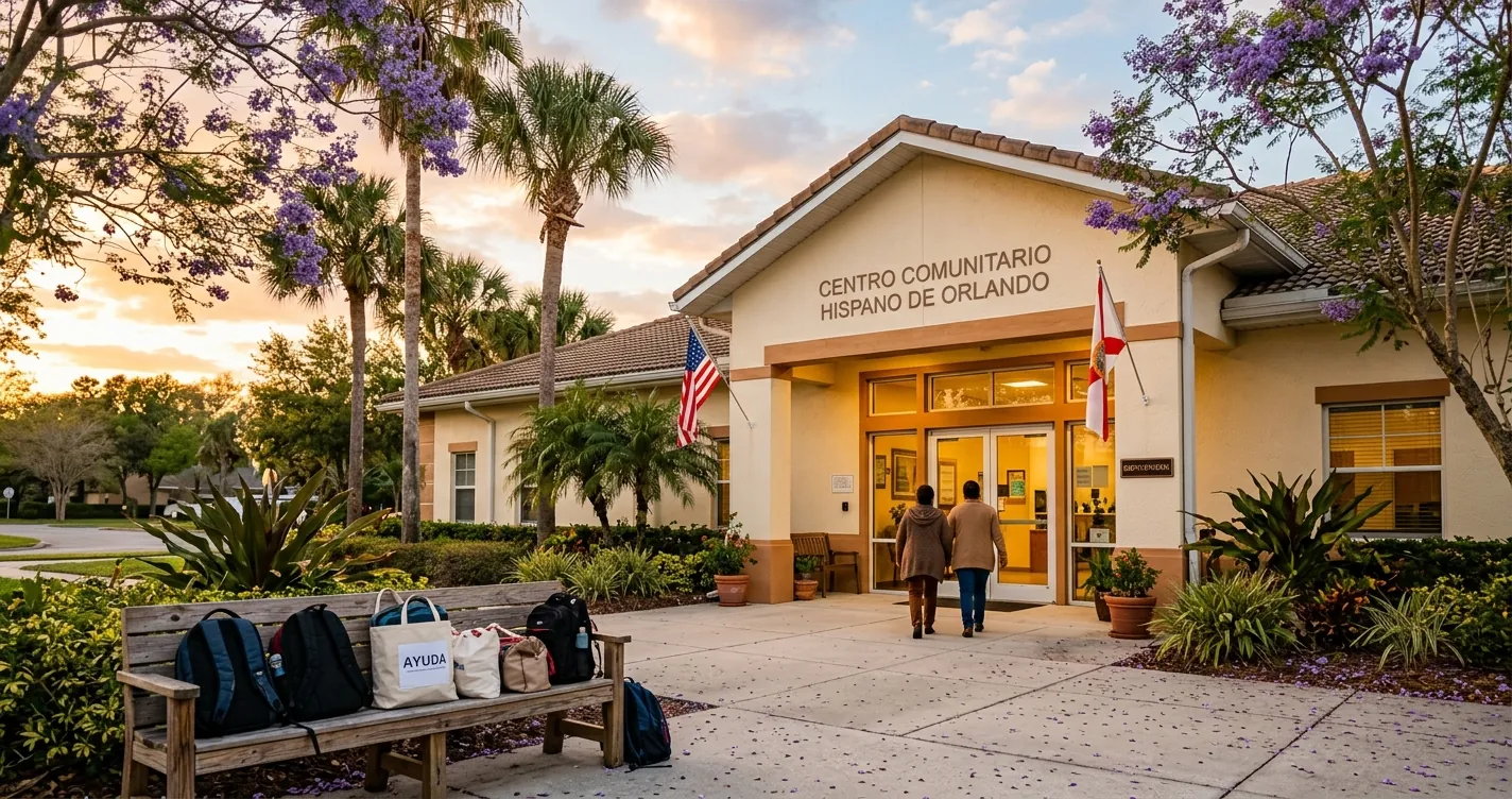 Refugio para inmigrantes en Orlando Florida - centro comunitario hispano con palmeras al atardecer