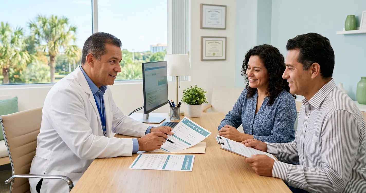 Familia hispana revisando opciones de seguro medico en Orlando Florida con un doctor en consultorio