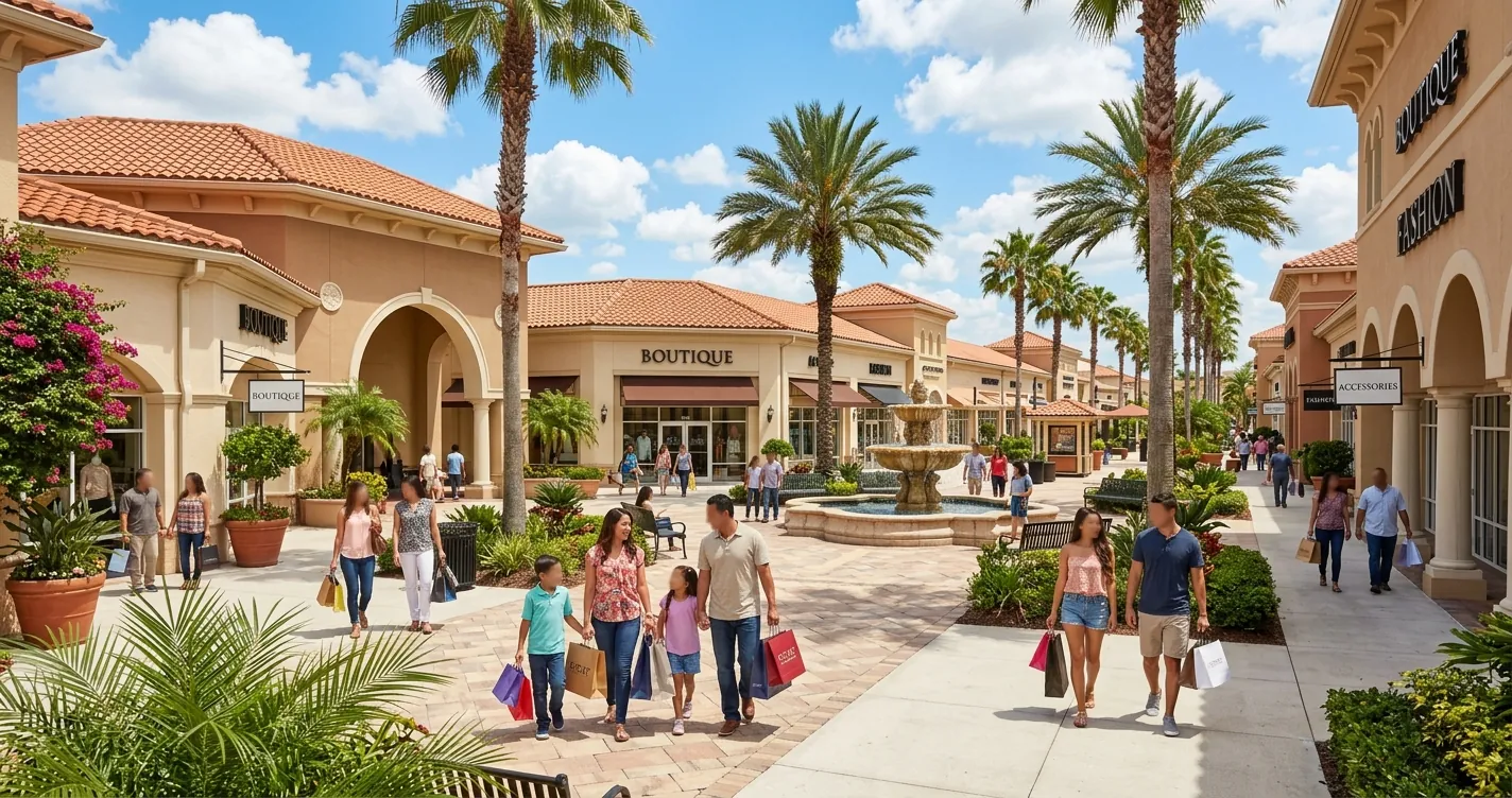 Visitantes paseando con bolsas de compras por un premium outlet en Orlando Florida con palmeras y arquitectura mediterranea
