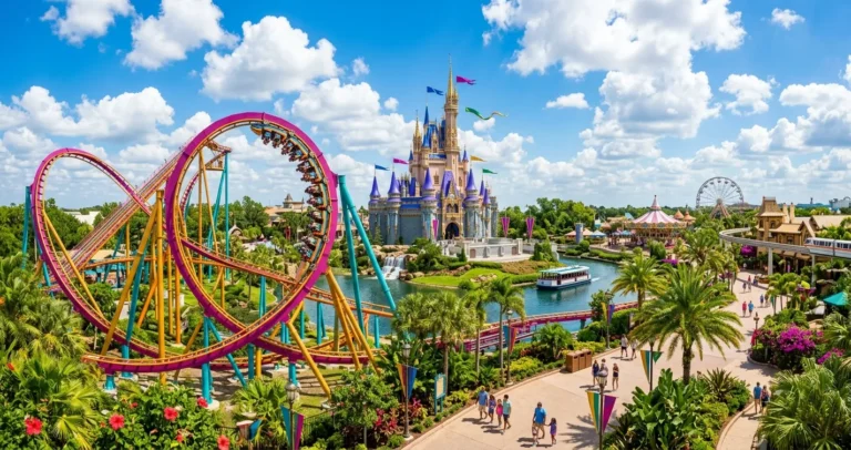Parques en Orlando Florida precios - Vista panoramica de montaña rusa y castillo de parque tematico con palmeras