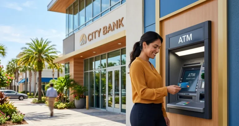 Abrir cuenta de banco en Orlando sin SSN - Persona latina frente a sucursal bancaria en Florida