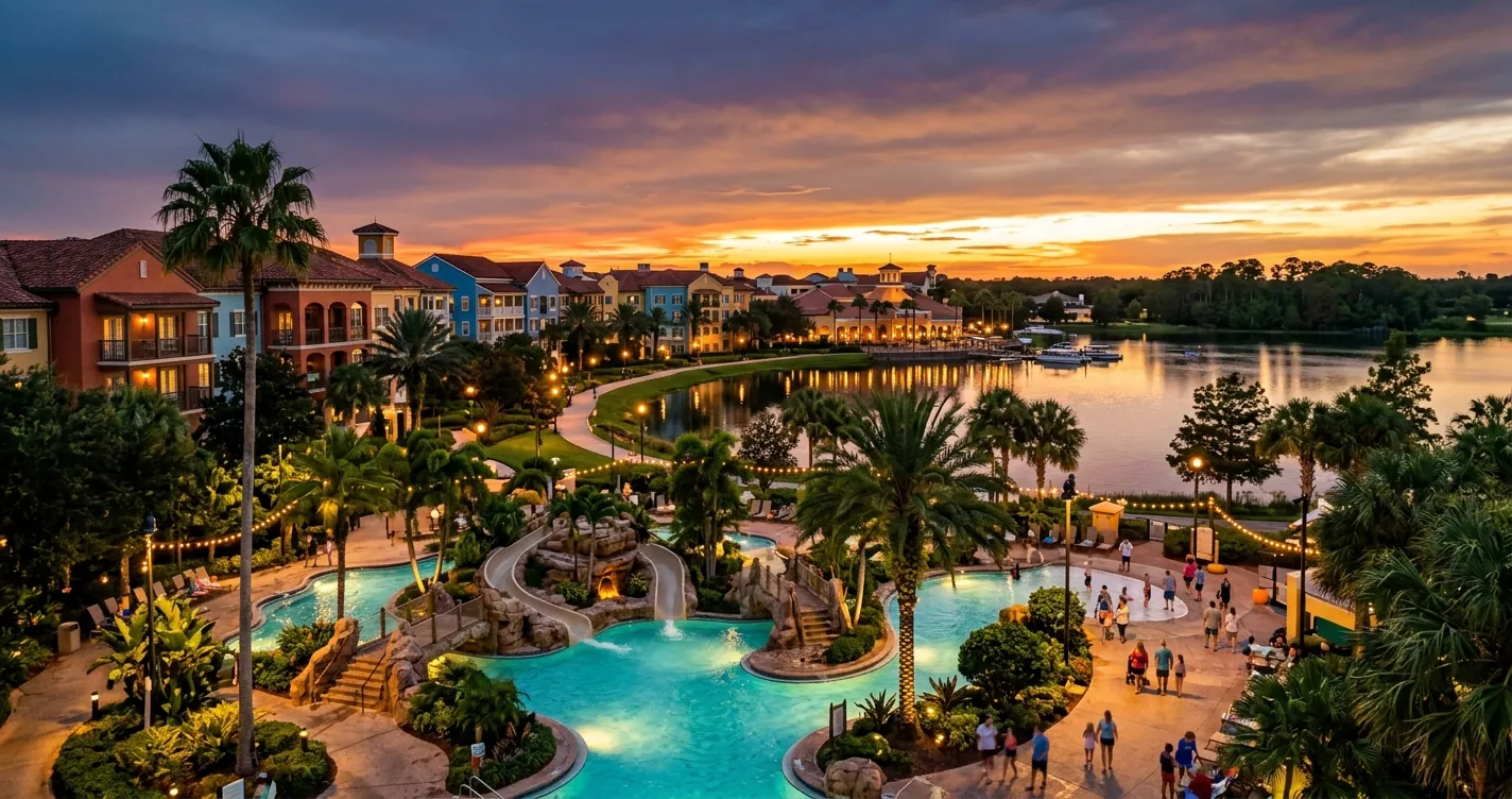 Hoteles dentro del parque de Disney en Orlando Florida - Resort temático con piscina y palmeras al atardecer