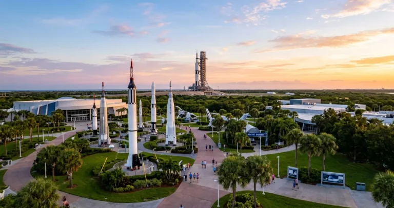 Museo de la NASA en Orlando - Vista panorámica del Kennedy Space Center con cohete y jardín de cohetes al amanecer