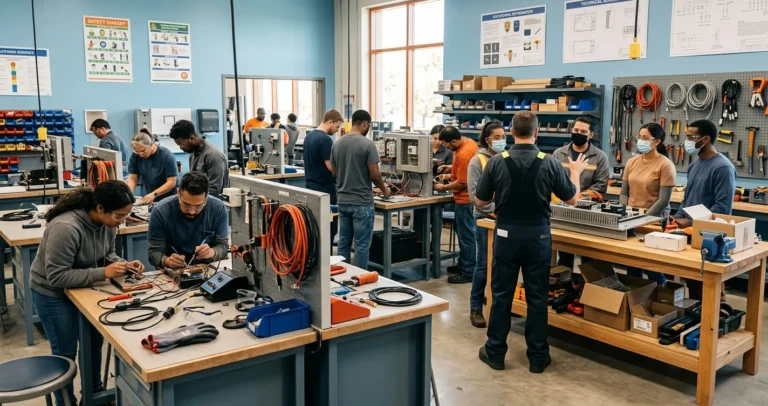 Escuelas técnicas en Orlando Florida - Estudiantes en taller de oficios eléctricos y HVAC con instructor en aula técnica