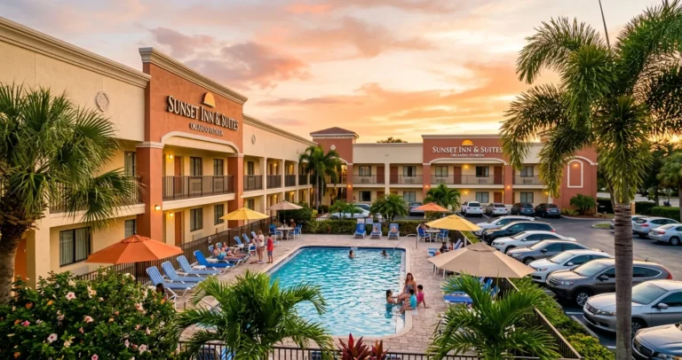 Hoteles económicos en Orlando cerca de los parques de Disney - Fachada de hotel con piscina y palmeras al atardecer