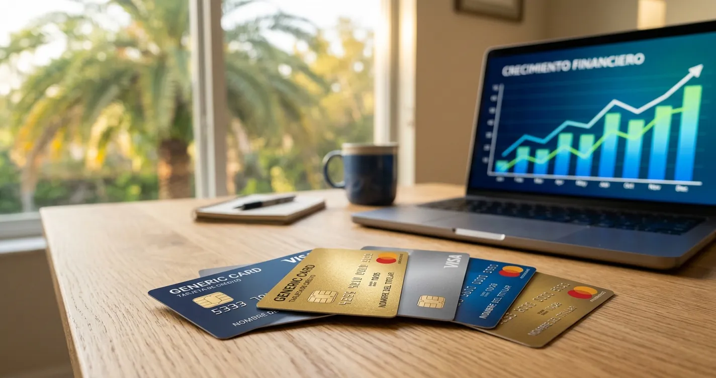 Tarjetas de crédito para hispanos en Florida - Varias tarjetas sobre escritorio con laptop mostrando gráfico financiero