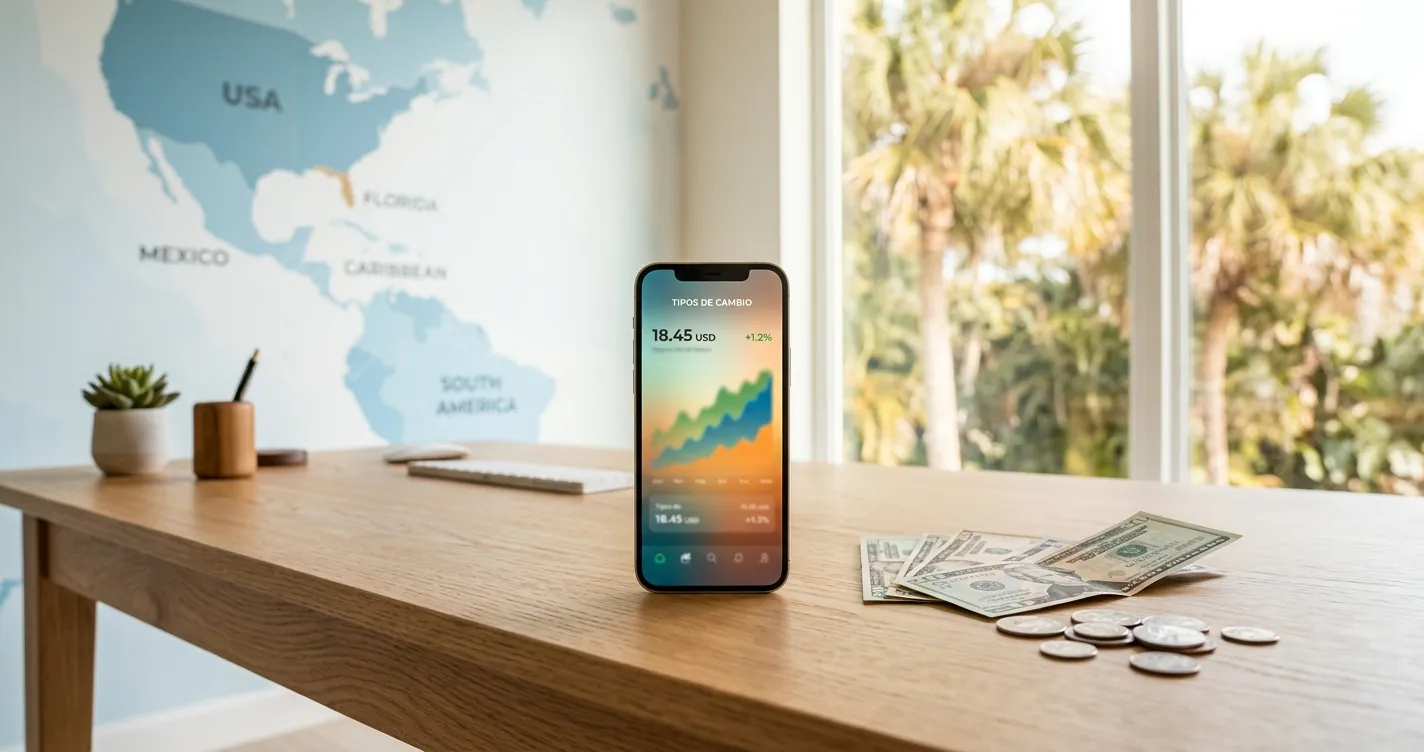 Enviar dinero a Latinoamérica desde Orlando - Smartphone con app de transferencias y billetes de dólar sobre escritorio