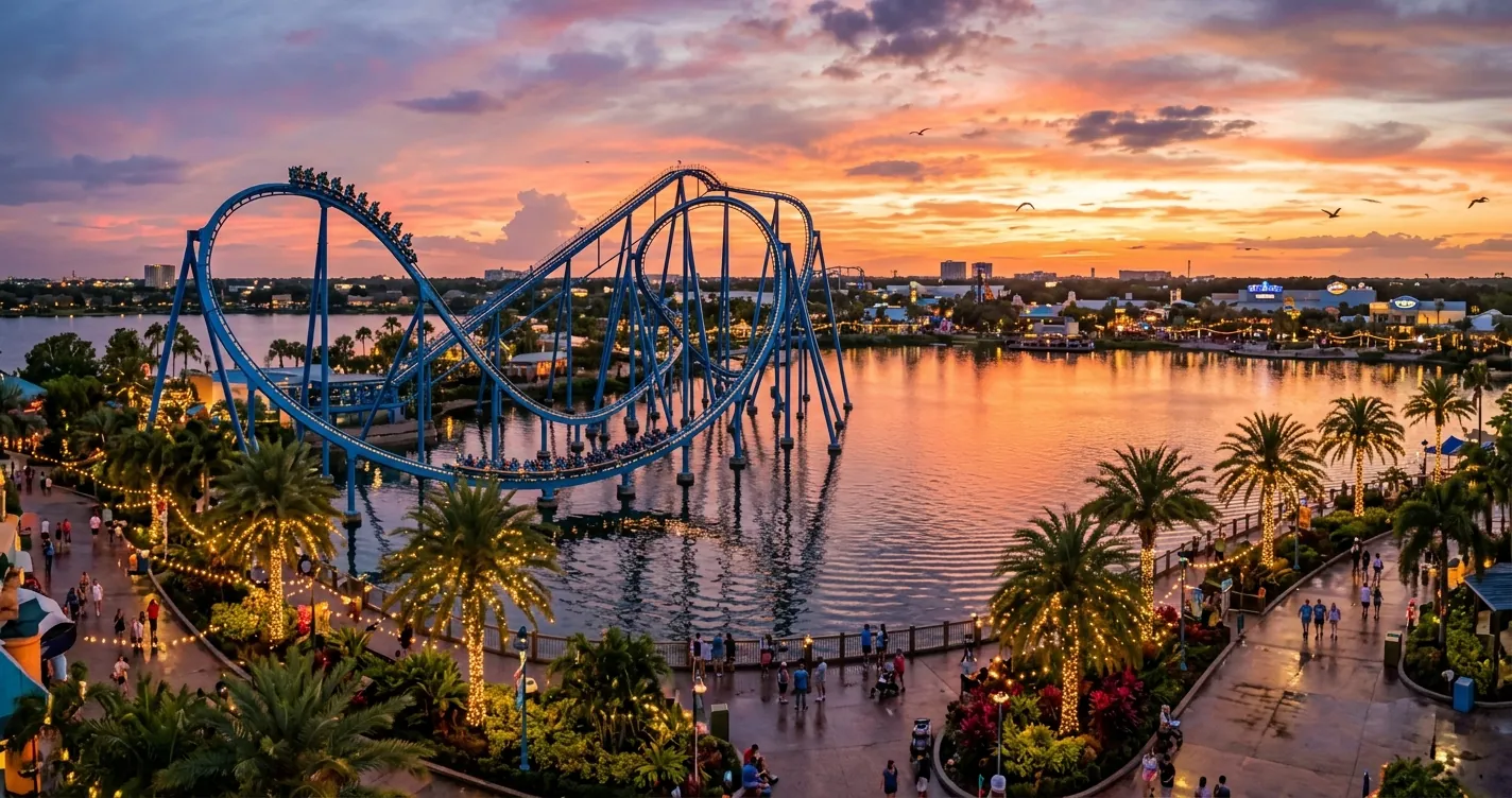 Horario de SeaWorld en Orlando 2026 - Vista del parque al atardecer con montaña rusa y palmeras