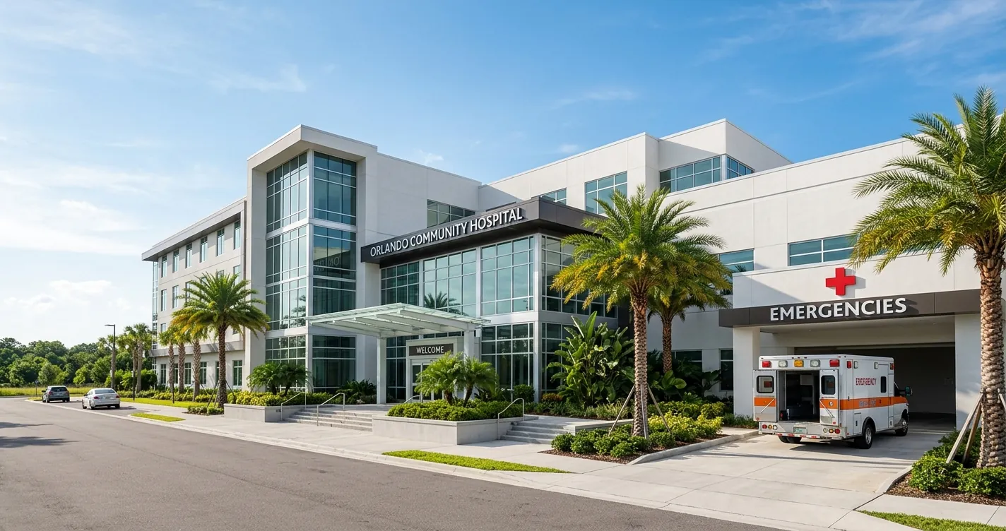Hospitales en Orlando Florida - Entrada de emergencias de un hospital moderno con ambulancia