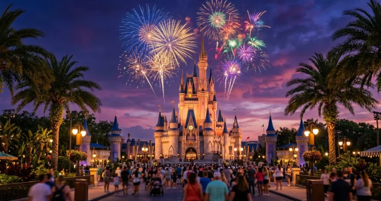 Precio de entradas a Disney en Orlando 2026 - Castillo iluminado de parque temático con fuegos artificiales al atardecer