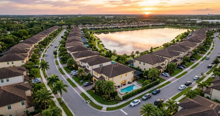 Invertir en bienes raíces en Orlando - Vista aérea de comunidad residencial moderna con casas y piscinas privadas al atardecer