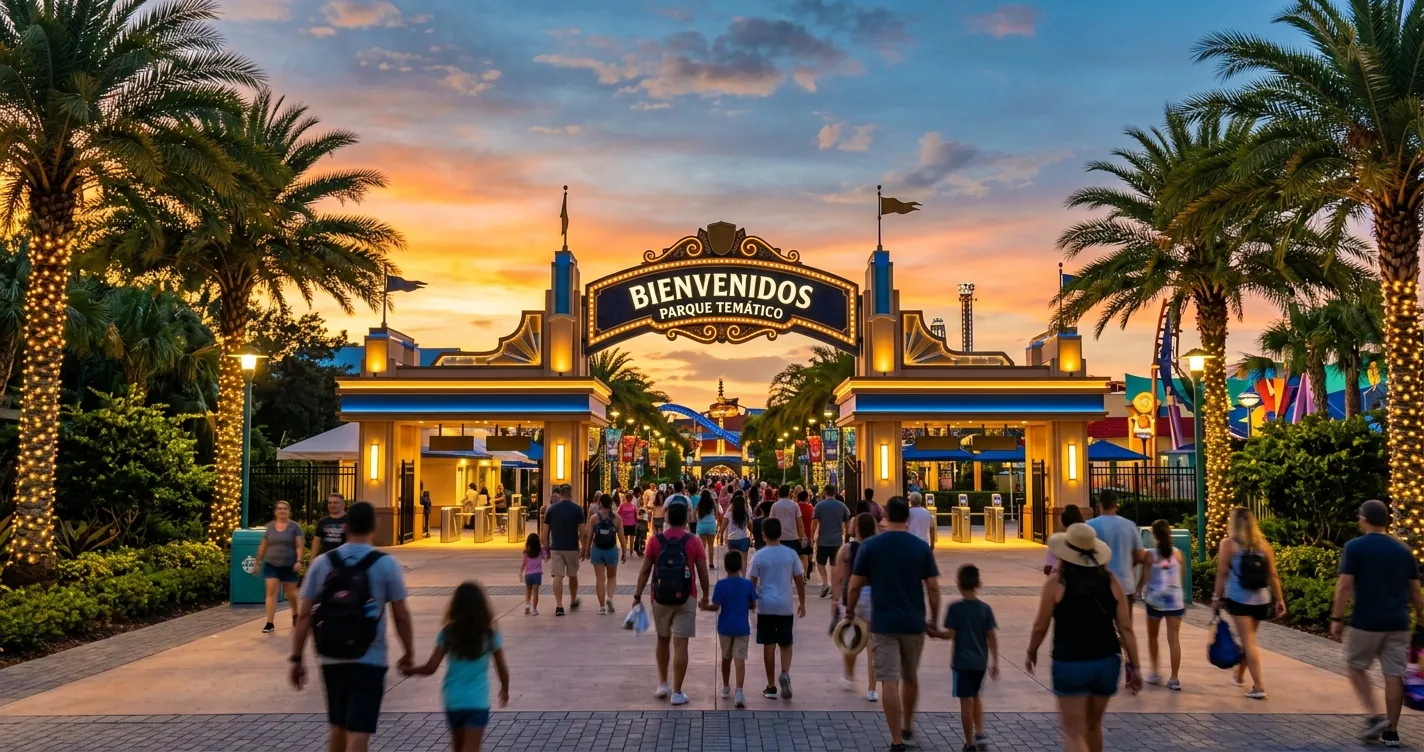 Cuánto cuesta la entrada al parque Universal Studios en Orlando - Entrada iluminada al atardecer de un gran parque temático con visitantes caminando