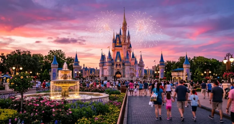 Cuánto cuestan las entradas a Magic Kingdom en Orlando - Castillo iluminado al atardecer en un gran parque temático con fuegos artificiales y visitantes