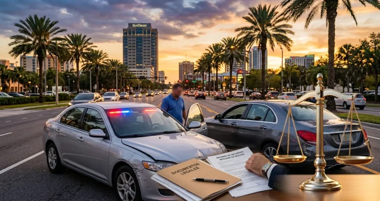 Abogados de accidentes de auto en Orlando - Escena de colisión con documentos legales y balanza de la justicia al atardecer