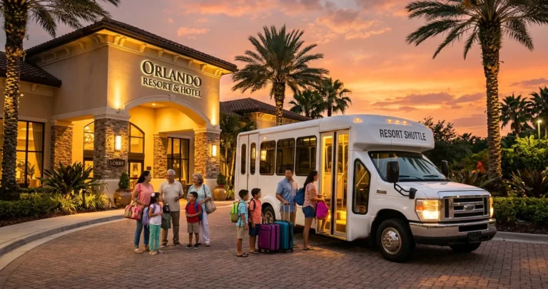 Hoteles en Orlando con traslado a los parques: shuttle de hotel frente al lobby al atardecer