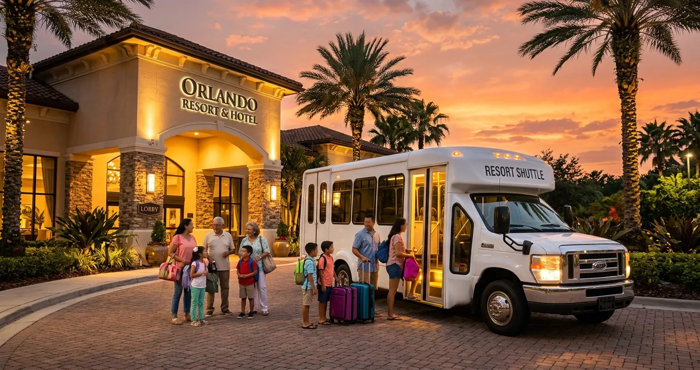 Hoteles en Orlando con traslado a los parques: shuttle de hotel frente al lobby al atardecer