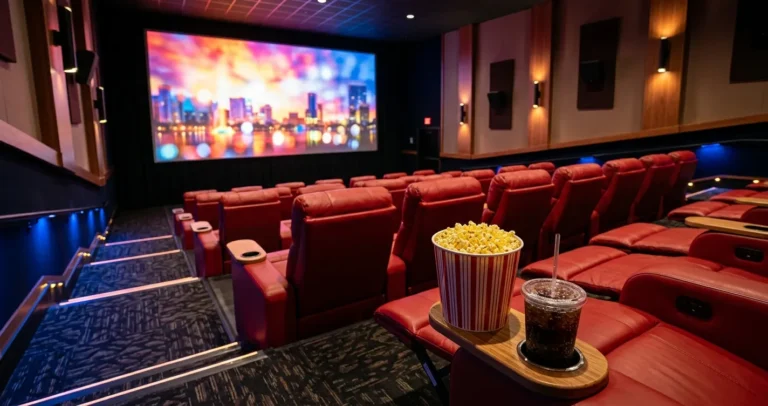 Cines en español en Orlando: sala de cine moderna con butacas rojas y pantalla iluminada