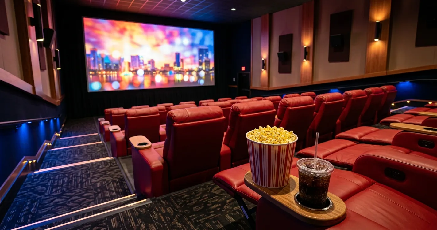 Cines en español en Orlando: sala de cine moderna con butacas rojas y pantalla iluminada