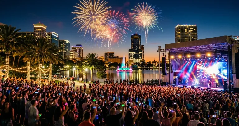 Eventos en Orlando en junio 2026: escenario de concierto al aire libre con luces y fuegos artificiales en el centro de la ciudad