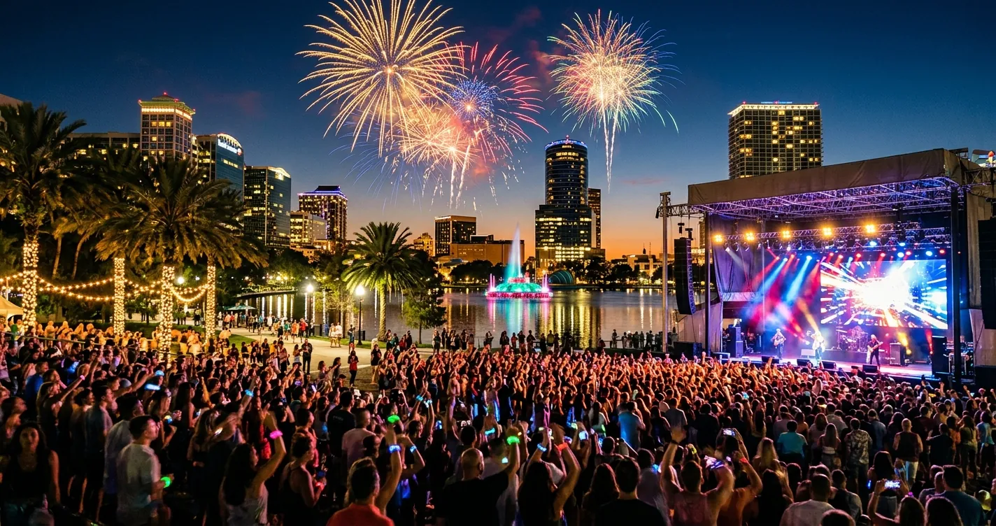 Eventos en Orlando en junio 2026: escenario de concierto al aire libre con luces y fuegos artificiales en el centro de la ciudad