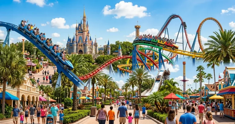 Lista de parques en Orlando Florida: vista panorámica de atracciones y montañas rusas de los parques temáticos