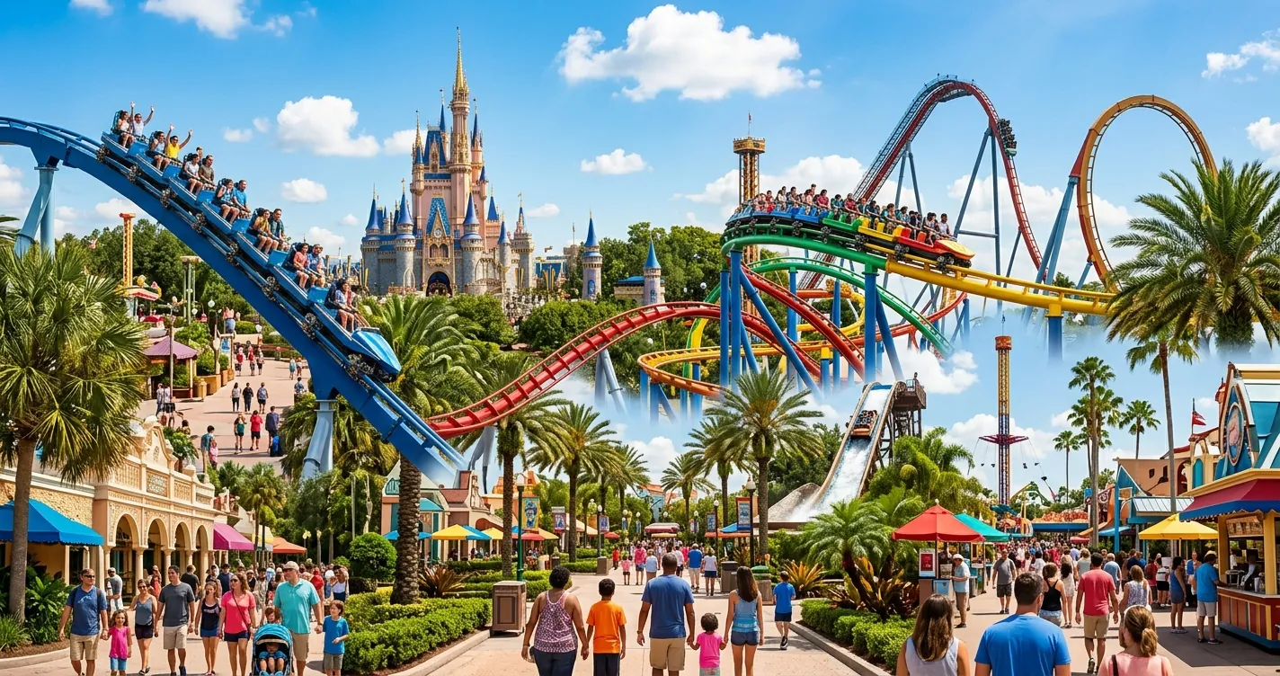 Lista de parques en Orlando Florida: vista panorámica de atracciones y montañas rusas de los parques temáticos