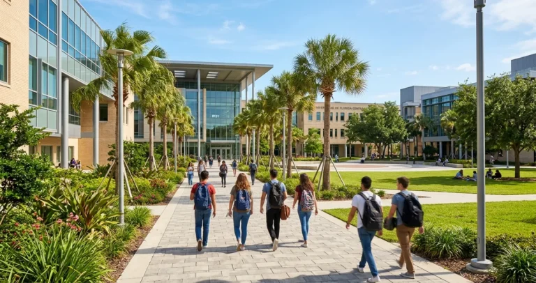 Universidades en Orlando FL - campus universitario moderno con estudiantes y palmeras en Florida