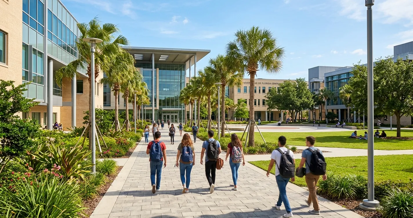 Universidades en Orlando FL - campus universitario moderno con estudiantes y palmeras en Florida