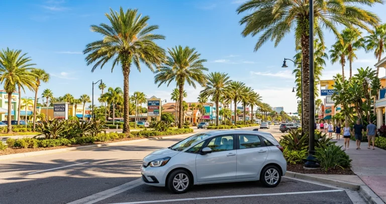 Rentar carro en Orlando Florida - Auto de alquiler estacionado entre palmeras en una avenida soleada