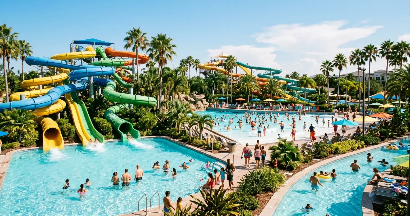 Qué hacer en Orlando en verano 2026 - Parque acuático soleado con toboganes y palmeras en Orlando Florida