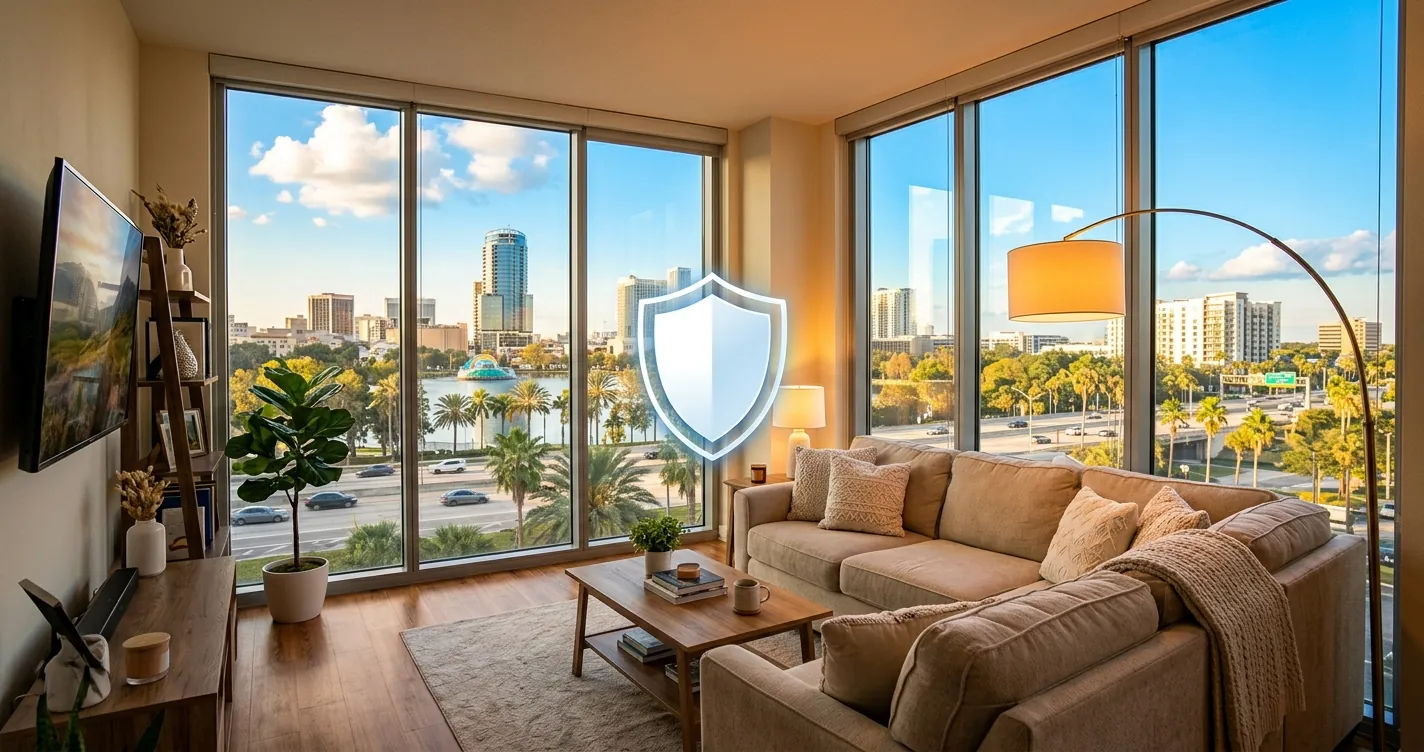 Sala de apartamento en Orlando Florida con símbolo de protección representando el seguro de inquilinos