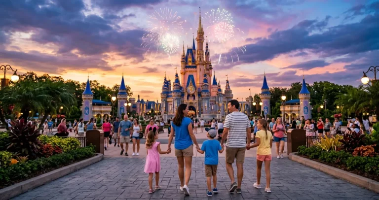 Paquetes de Disney en Orlando - Familia frente a un castillo de parque temático en Florida