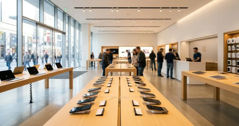 Tienda Apple en Orlando - Interior de tienda de electrónicos moderna con smartphones y laptops en exhibición