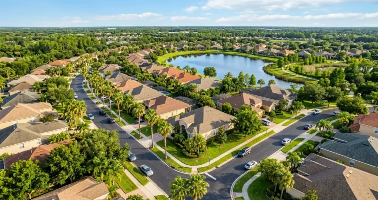 Mejores zonas para vivir en Orlando - Vecindario residencial con casas y palmeras en Florida