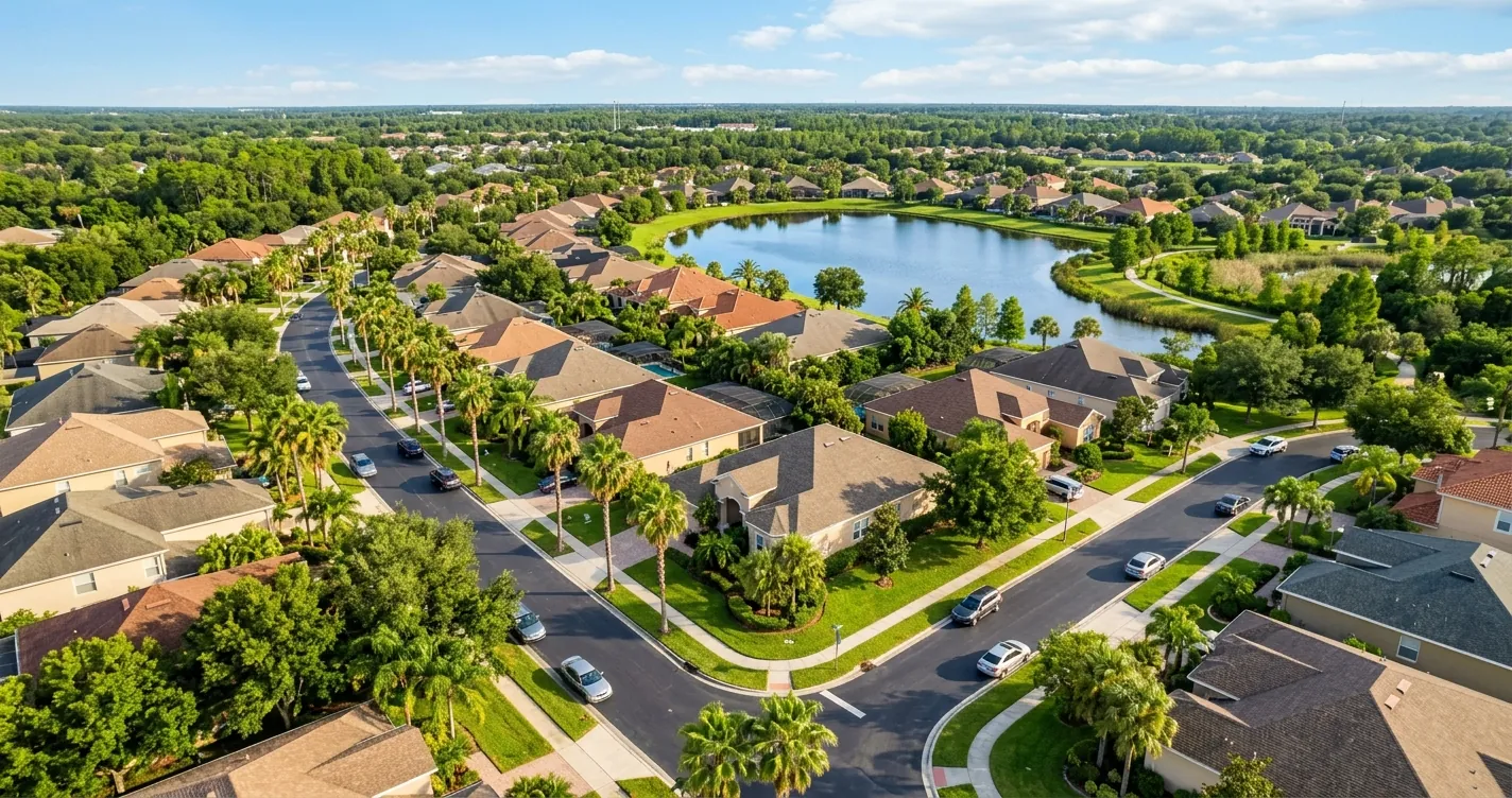 Mejores zonas para vivir en Orlando - Vecindario residencial con casas y palmeras en Florida
