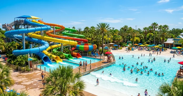 Parques de agua en Orlando Florida - Toboganes coloridos y piscina de olas bajo cielo soleado