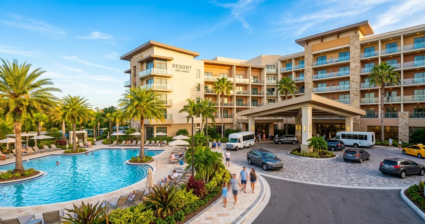 Hoteles en Orlando Florida cerca de los parques - Resort con piscina y palmeras