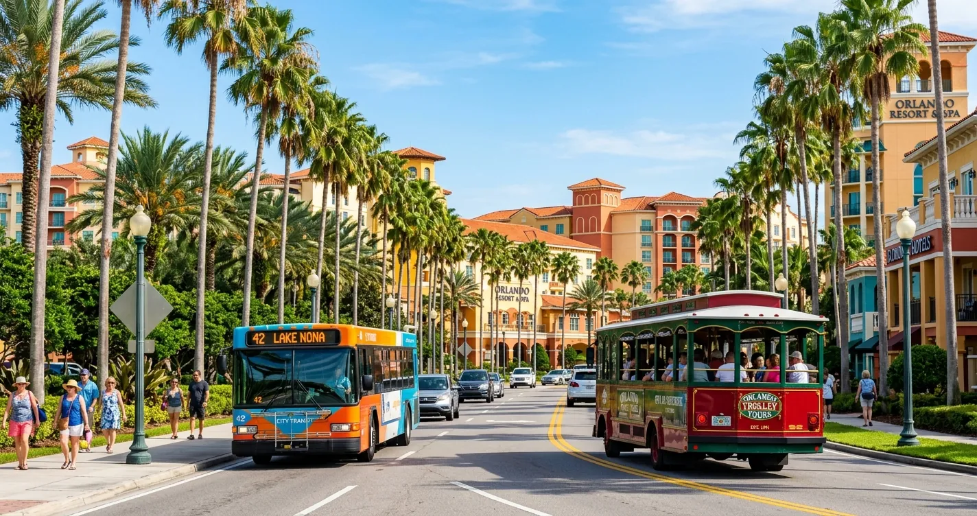 Transporte en Orlando Florida - Trolley turístico y autobús en una avenida con palmeras