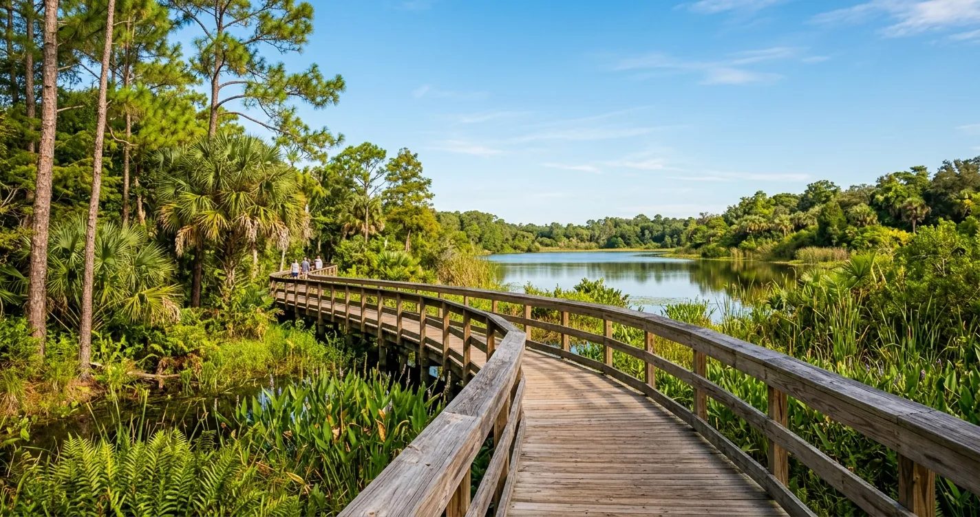 Parques gratis en Orlando Florida con sendero natural y lago entre vegetación tropical