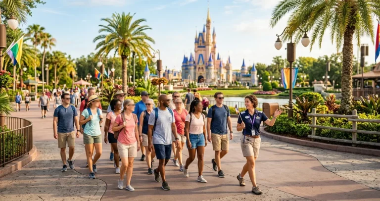 Tour para Disney en Orlando: grupo guiado recorriendo un parque temático en Florida